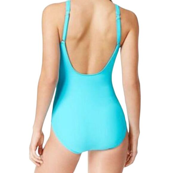 Swim Solutions Ruched Front Low Back One Piece Swimsuit Light Blue 8 NWT - Picture 2 of 3